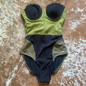 C&M green and black one-piece swimsuit